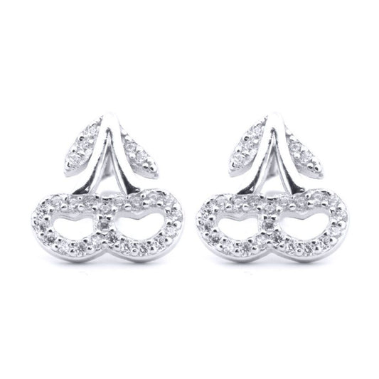 Silver Round CZ Love Heart Cherry Pair Drops Stud Earrings - AES199