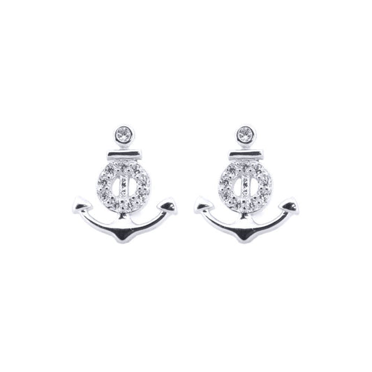 Silver Round CZ Anchor and Life Buoy Stud Earrings - AES200