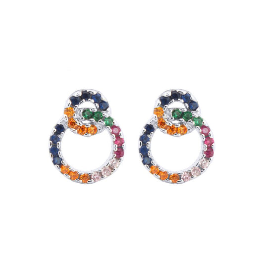 Silver Rainbow CZ Interlocking Halo Rings Stud Earrings - AES201