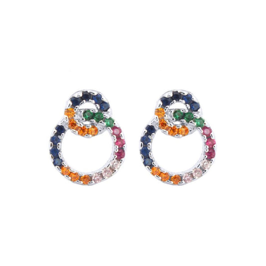 Silver Rainbow CZ Interlocking Halo Rings Stud Earrings - AES201