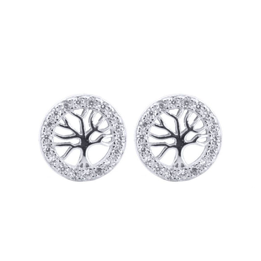 Silver Round CZ Halo Circle Tree of Life Stud Earrings - AES202
