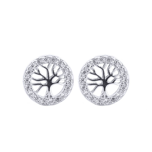 Silver Round CZ Halo Circle Tree of Life Stud Earrings - AES202