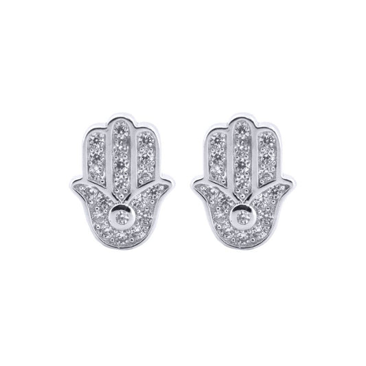 Silver Round CZ 5 Hand Hamsa Stud Earrings - AES203