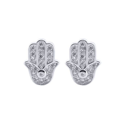 Silver Round CZ 5 Hand Hamsa Stud Earrings - AES203