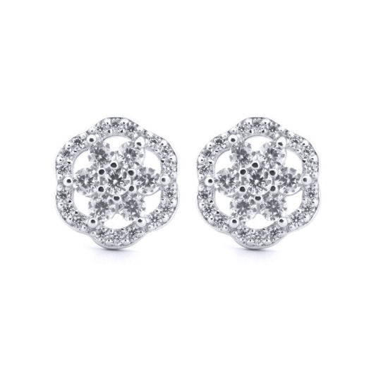 Silver Round CZ Scallop Edge Dasiy Flower Stud Earrings - AES204
