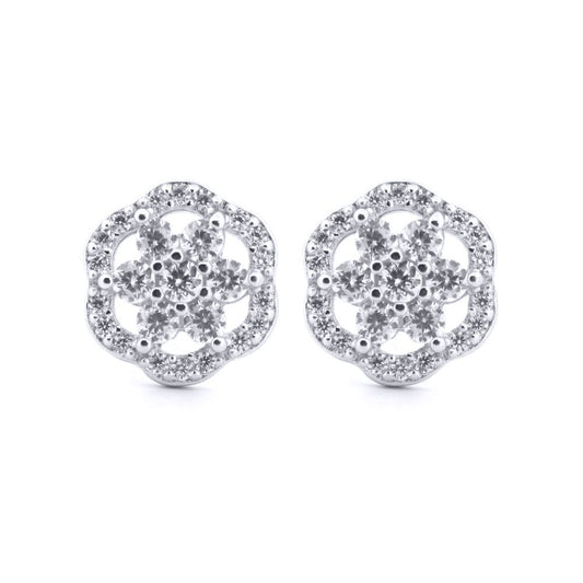 Silver Round CZ Scallop Edge Dasiy Flower Stud Earrings - AES204