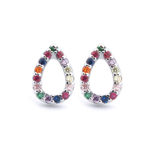 Silver Rainbow CZ Tears of Joy Pear Drop Stud Earrings - AES205