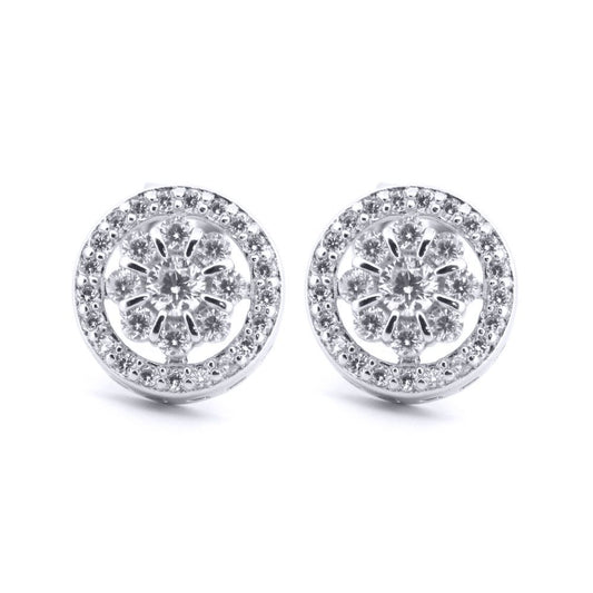 Silver Round CZ Daisy Flower Cluster Halo Stud Earrings - AES206