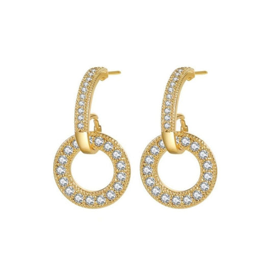 14k Gold-plated Silver Round CZ Hanging Hoop Drop Earrings - AES209