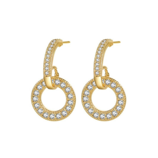 14k Gold-plated Silver Round CZ Hanging Hoop Drop Earrings - AES209