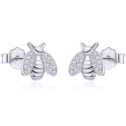 Rhodium-plated Silver Round CZ Honey Busy Bees Stud Earrings - AES210