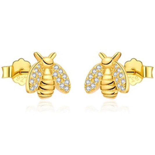 14k Gold-plated Silver Round CZ Honey Busy Bees Stud Earrings - AES210