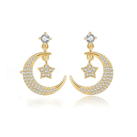 Gold-plated Silver CZ Star Crescent Moon Solitaire Drop Earrings - AES211