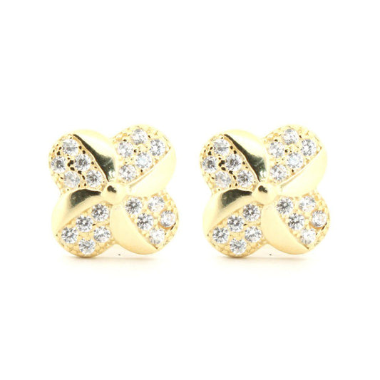 14k Gold-plated Silver Round CZ Quatrefoil Clover Stud Earrings - AES212