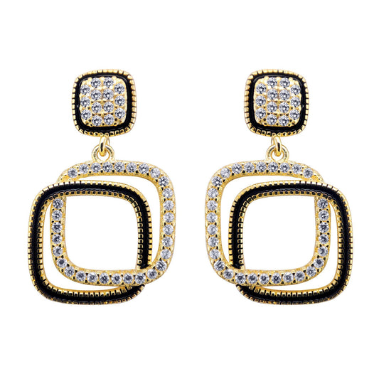 Gold-plated Silver CZ Interlocked Squares Copy Icon Drop Earrings - AES214