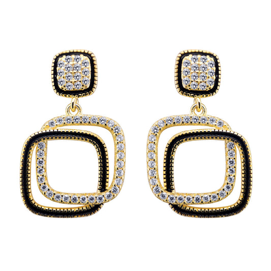 Gold-plated Silver CZ Interlocked Squares Copy Icon Drop Earrings - AES214
