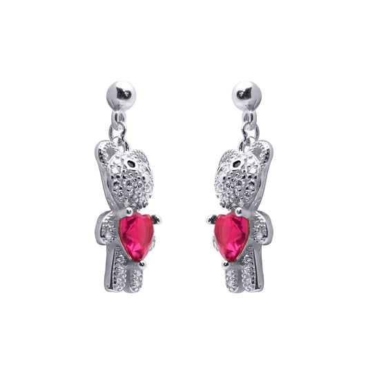 Rhodium-plated Silver Red Heart CZ Teddy Bears Love Drop Earrings - AES218