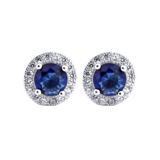 Silver Blue CZ Circle Halo Solitaire Cluster Stud Earrings - AES219B