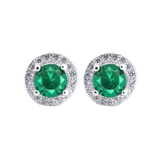 Silver Green CZ Circle Halo Solitaire Cluster Stud Earrings - AES219G