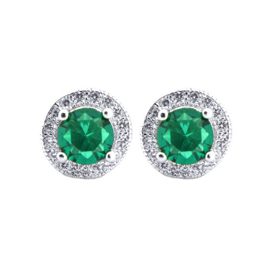 Silver Green CZ Circle Halo Solitaire Cluster Stud Earrings - AES219G