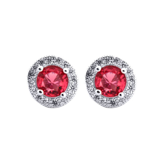 Silver Red CZ Circle Halo Solitaire Cluster Stud Earrings - AES219R