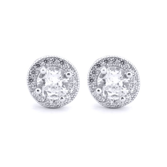 Silver Round CZ Circle Halo Solitaire Cluster Stud Earrings - AES219W