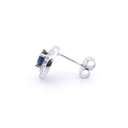 Silver Blue CZ Double Circle Halo Solitaire Cluster Stud Earrings - AES220B