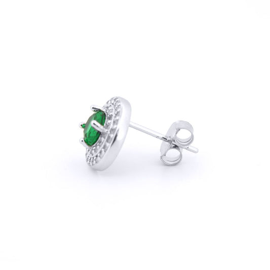 Silver Green CZ Circle Halo Solitaire Cluster Stud Earrings - AES220G