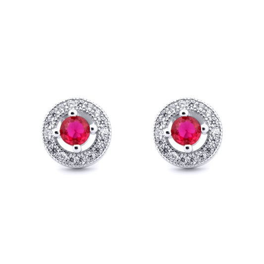 Silver Red CZ Double Circle Halo Solitaire Cluster Stud Earrings - AES220R
