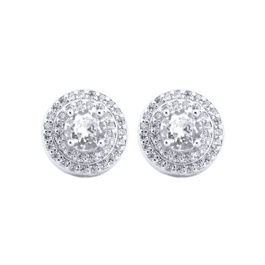 Silver CZ Double Circle Halo Solitaire Cluster Stud Earrings - AES220W