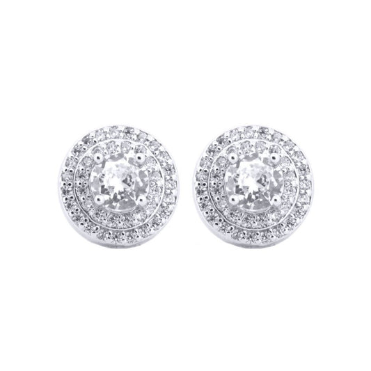 Silver CZ Double Circle Halo Solitaire Cluster Stud Earrings - AES220W