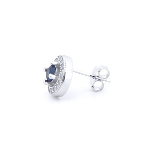 Silver Blue CZ Circle Halo Solitaire Bullseye Stud Earrings - AES221B