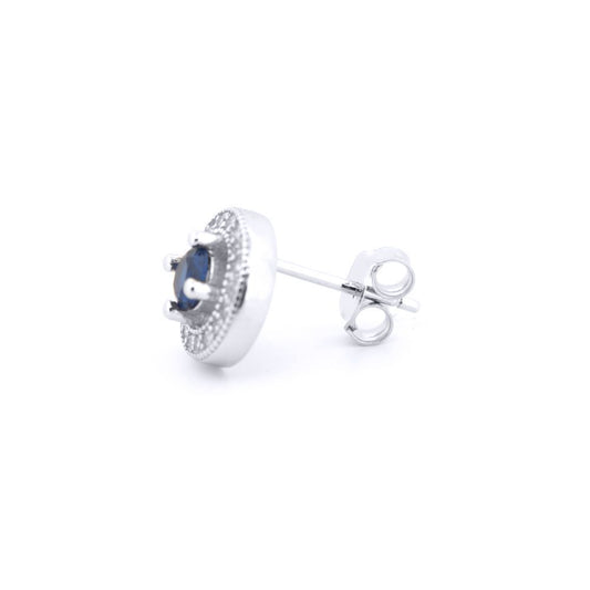 Silver Blue CZ Circle Halo Solitaire Bullseye Stud Earrings - AES221B