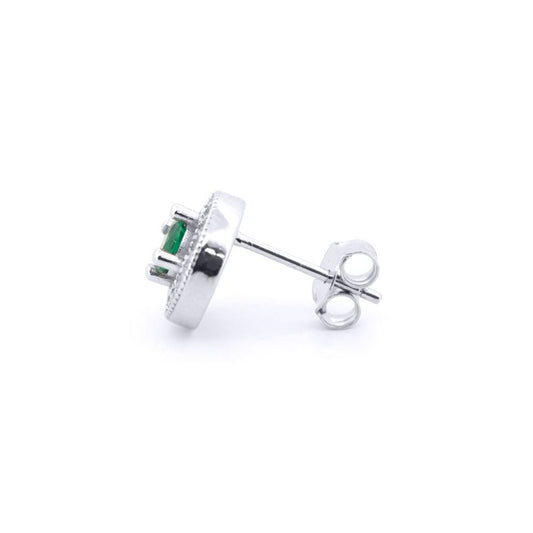 Silver Green CZ Circle Halo Solitaire Bullseye Stud Earrings - AES221G