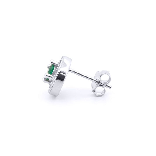 Silver Green CZ Circle Halo Solitaire Bullseye Stud Earrings - AES221G