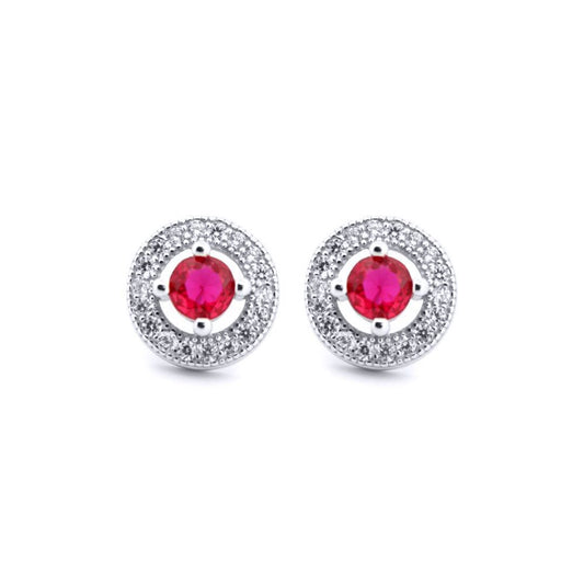 Silver Red CZ Circle Halo Solitaire Bullseye Stud Earrings - AES221R