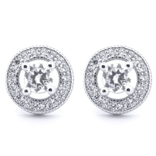 Silver Round CZ Circle Halo Solitaire Bullseye Stud Earrings - AES221W