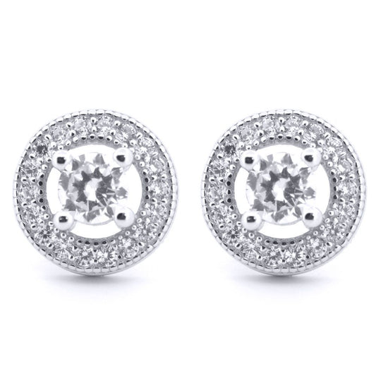 Silver Round CZ Circle Halo Solitaire Bullseye Stud Earrings - AES221W