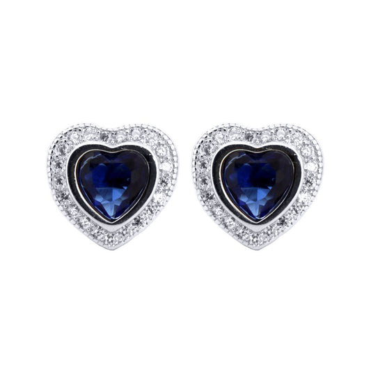 Silver Blue Heart CZ Love Halo Solitaire Cluster Stud Earrings - AES222B