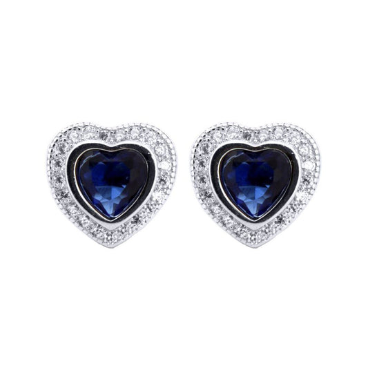 Silver Blue Heart CZ Love Halo Solitaire Cluster Stud Earrings - AES222B