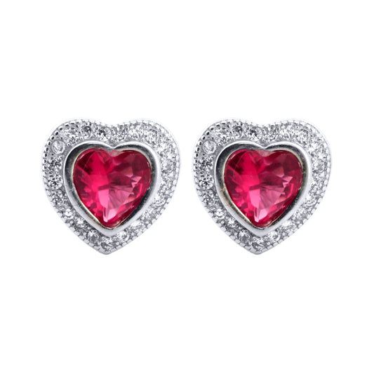 Silver Red Heart CZ Love Halo Solitaire Cluster Stud Earrings - AES222R