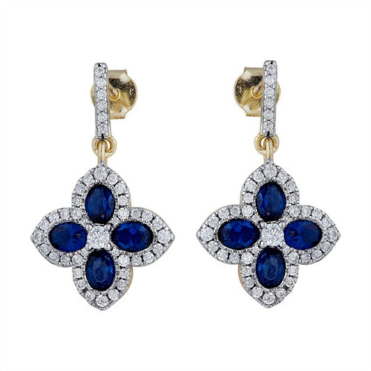 Gold-plated Silver Blue Oval CZ Quatrefoil Clover Drop Earrings - AES226B