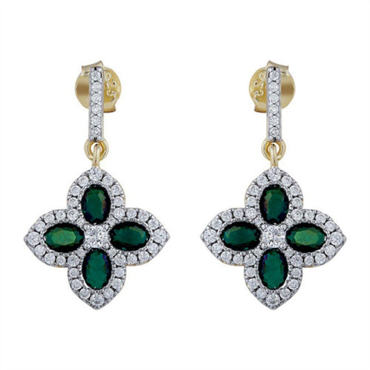 Gold-plated Silver Green Oval CZ Quatrefoil Clover Drop Earrings - AES226G