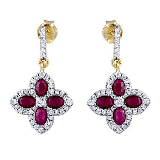 Gold-plated Silver Red Oval CZ Quatrefoil Clover Drop Earrings - AES226R