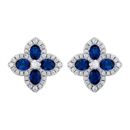 Gold-plated Silver Blue Oval CZ Quatrefoil Clover Stud Earrings - AES227B