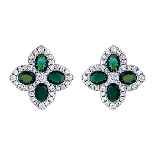 Gold-plated Silver Green Oval CZ Quatrefoil Clover Stud Earrings - AES227G