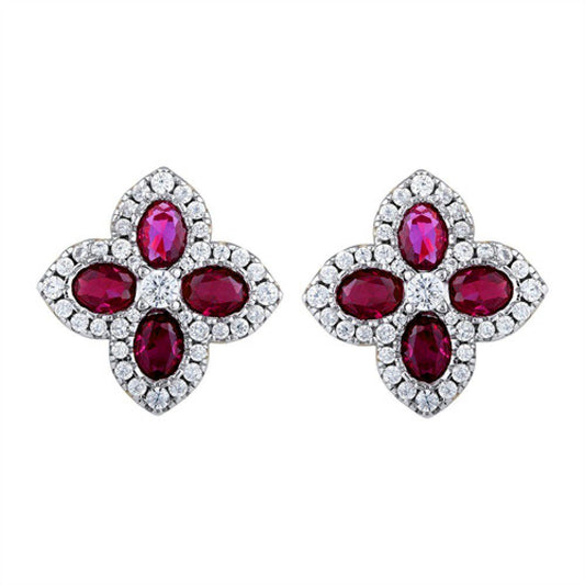 Gold-plated Silver Red CZ Pointed Quatrefoil Clover Stud Earrings - AES227R