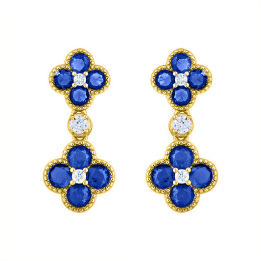 Gold-plated Silver Blue CZ Double Clover Solitaire Drop Earrings - AES229B