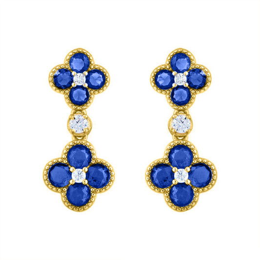 Gold-plated Silver Blue CZ Double Clover Solitaire Drop Earrings - AES229B