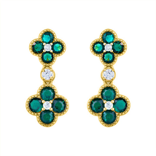 Gold-plated Silver Green CZ Double Clover Solitaire Drop Earrings - AES229G